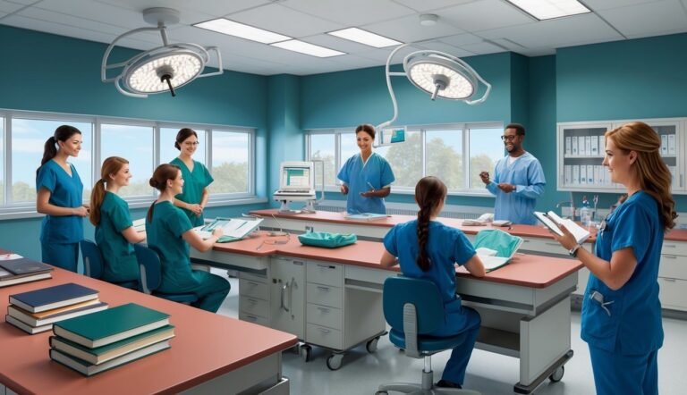 Medical professionals in scrubs at a training session in a bright room