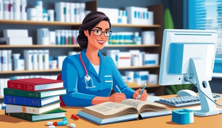 Pharmacist in blue scrubs, writing in a book, with computer and books