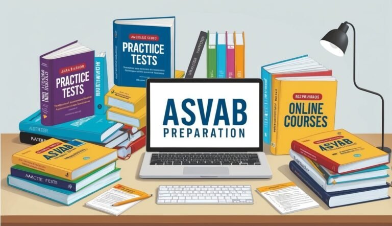Laptop with "ASVAB Preparation" surrounded by books and study materials