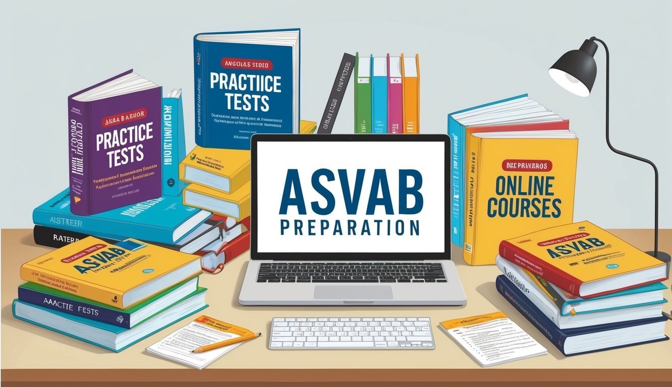 A group of study materials and resources displayed on a desk, including books, practice tests, and online courses for ASVAB preparation