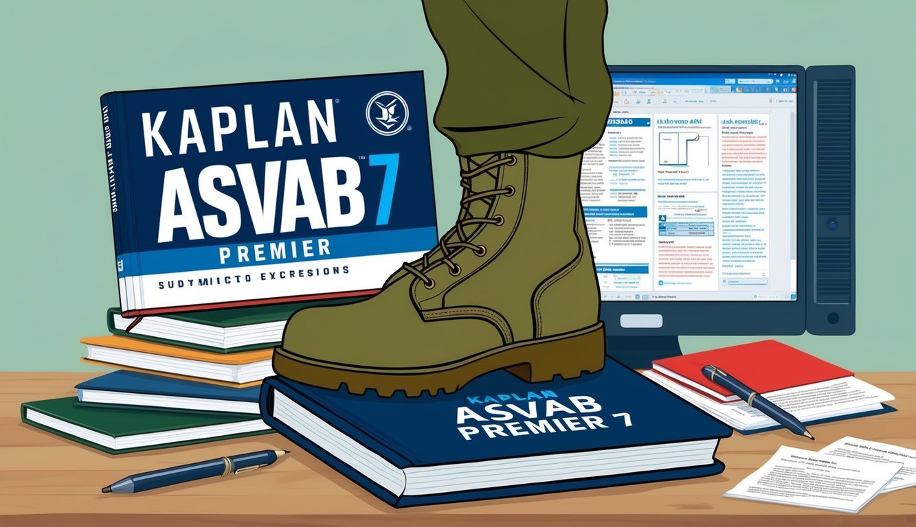 A military boot stepping onto a book titled "Kaplan ASVAB Premier 7" surrounded by study materials and a computer