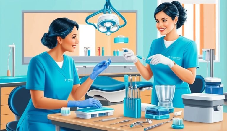 Two dental assistants in a dental office, holding tools and smiling