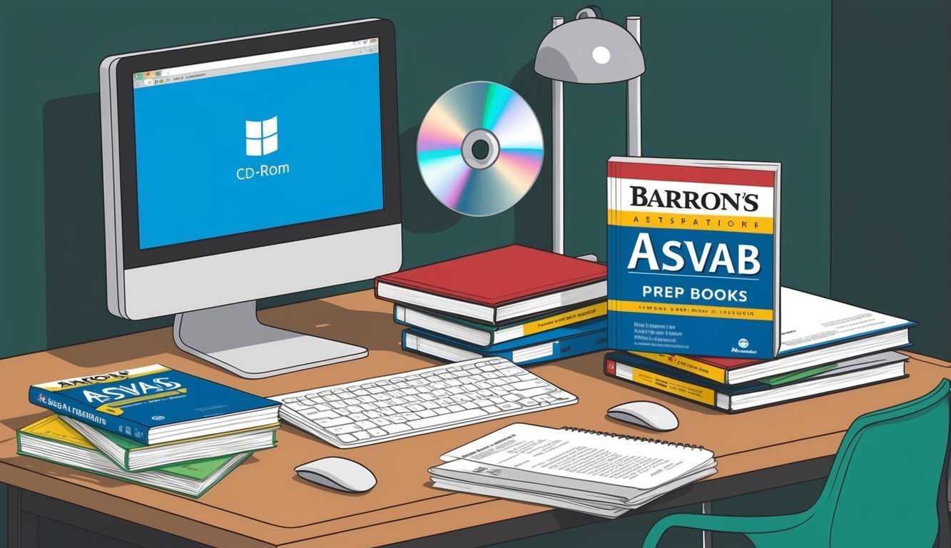 A desk with study materials, a computer with CD-ROM, and a stack of Barron's ASVAB prep books