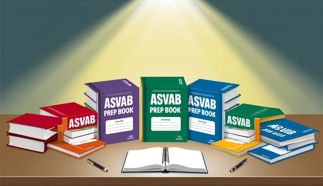 A group of seven ASVAB prep books arranged in a neat row on a desk, with a spotlight shining down on them