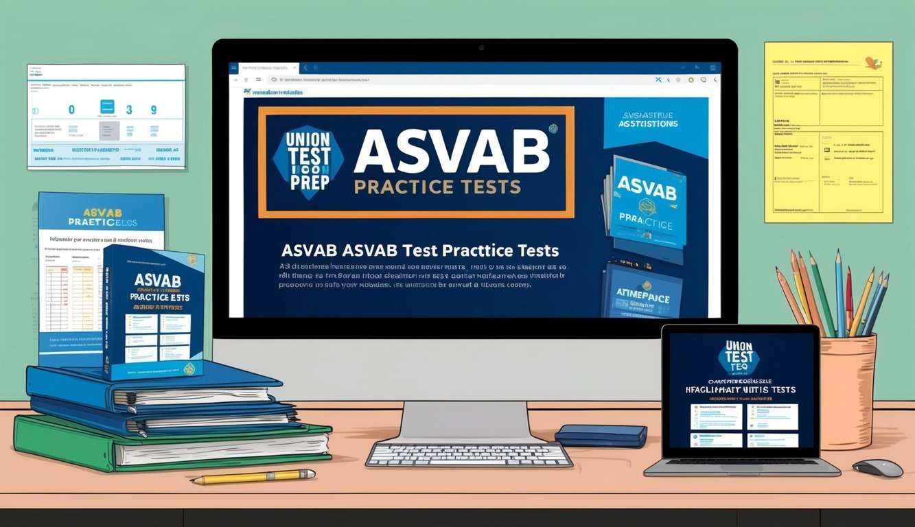 A computer screen displaying Union Test Prep's ASVAB practice tests with various study materials and resources