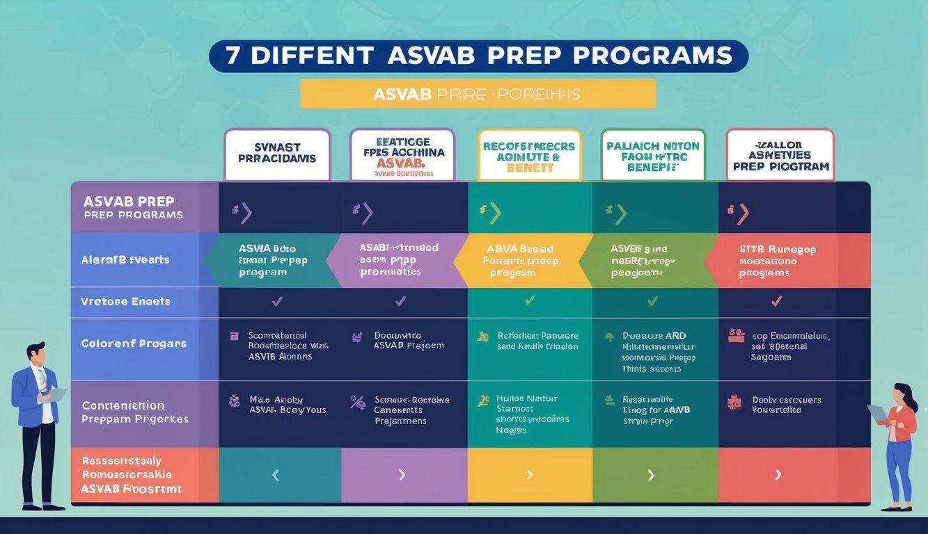 A table with 7 different ASVAB prep programs displayed, each with their own unique features and benefits