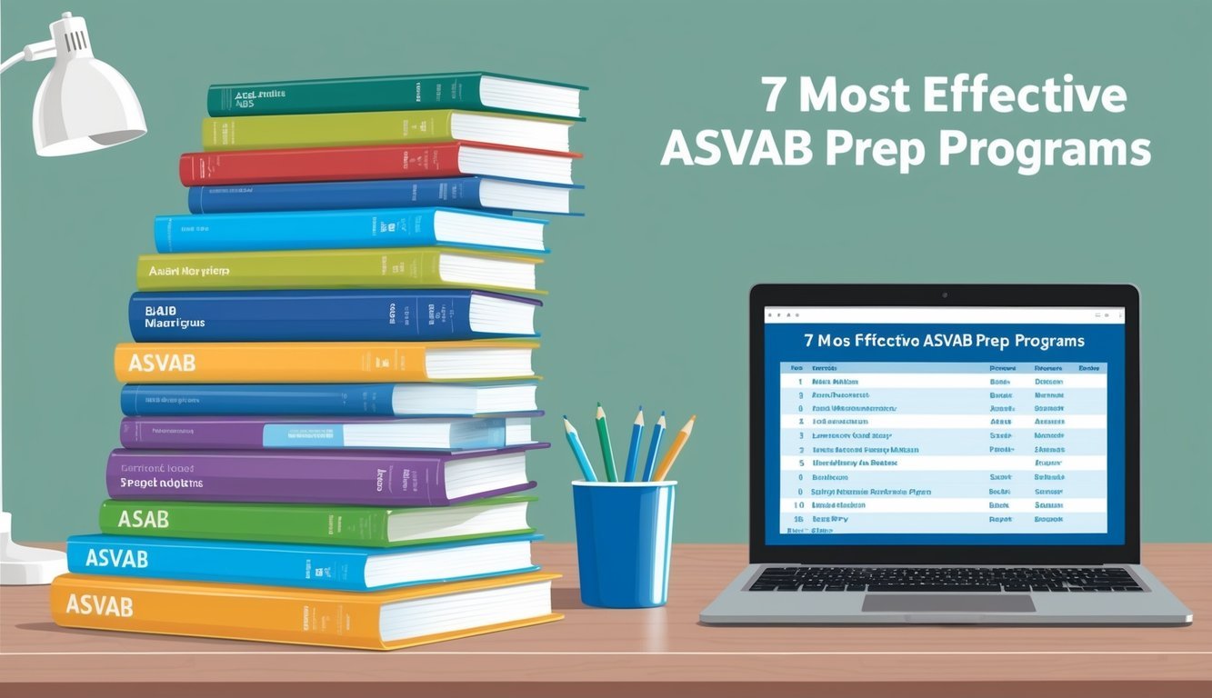 A stack of ASVAB prep books and study materials arranged on a desk with a laptop open to a list of the "7 Most effective ASVAB prep programs."