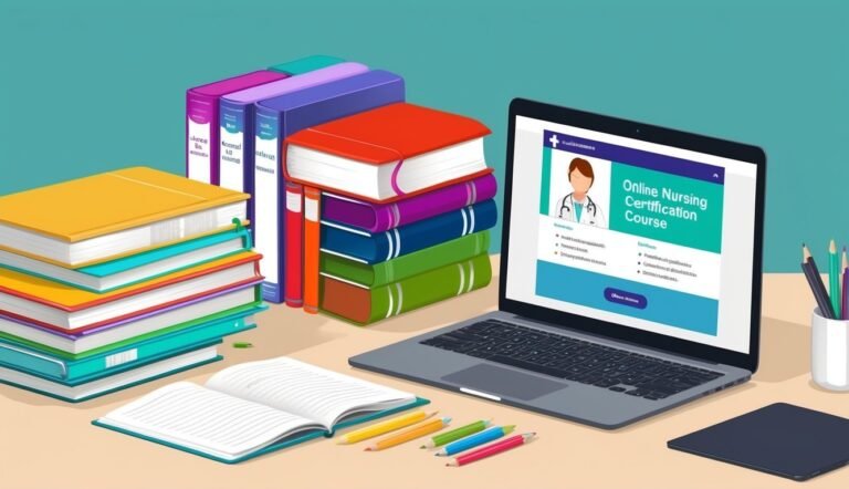Laptop with online nursing course, books, pencils, and open notebook on desk