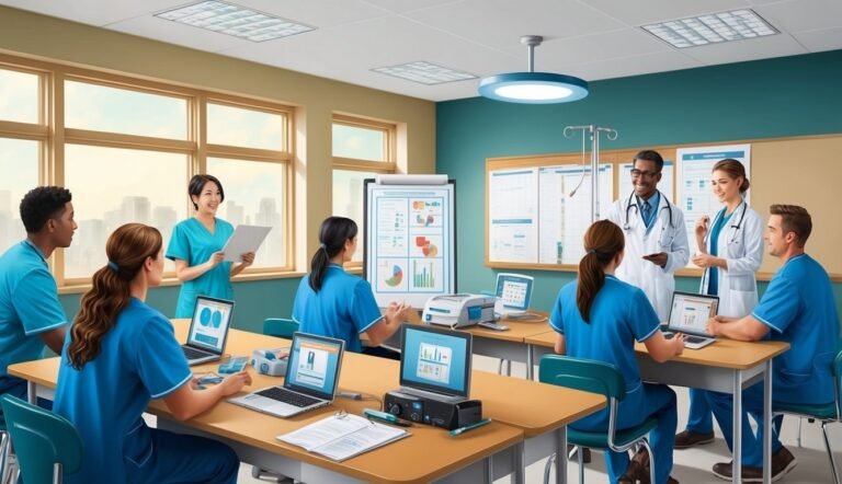 Medical professionals in scrubs and lab coats having a meeting in a classroom
