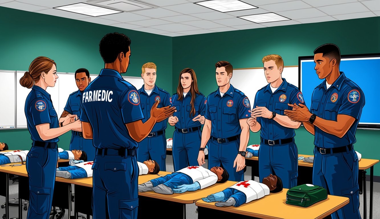 A group of paramedic students in uniform practicing emergency medical procedures in a classroom setting at the University of Florida