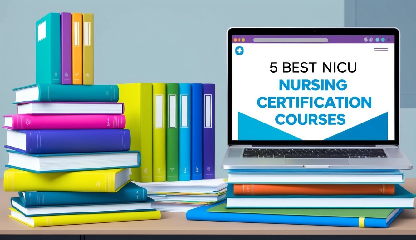 A group of colorful textbooks and study materials arranged neatly on a desk, with a laptop open to a webpage listing the "5 Best NICU nursing certification courses."