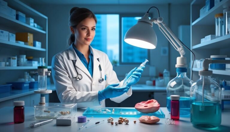 Scientist in lab coat examining syringe, surrounded by medical equipment and supplies