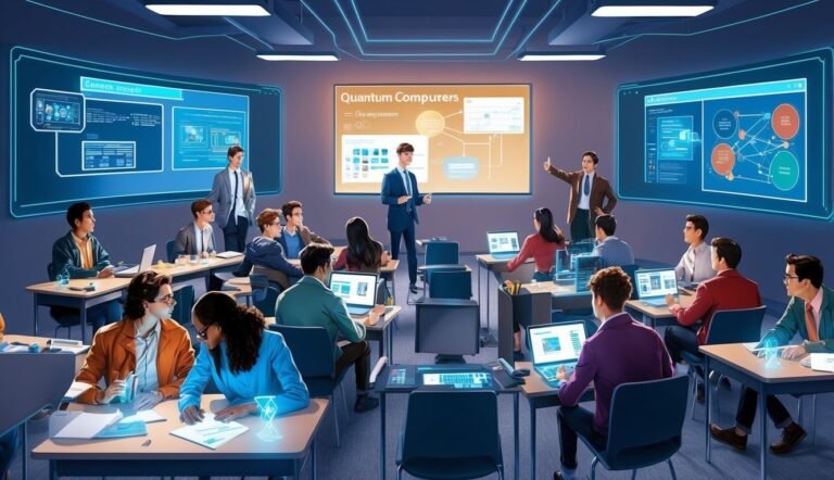 Classroom with students, screens, and a presenter discussing quantum computers