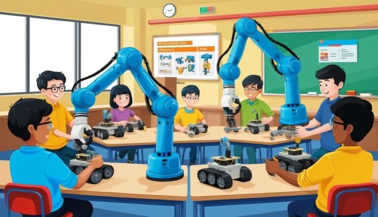 Children building robots with robotic arms in a classroom setting