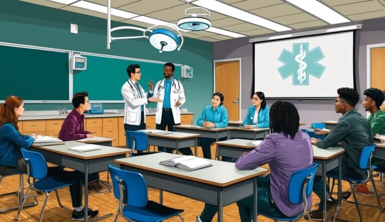 Medical students in a classroom with instructors and a projected medical symbol