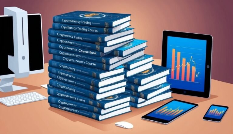 Pile of cryptocurrency books with digital devices displaying charts