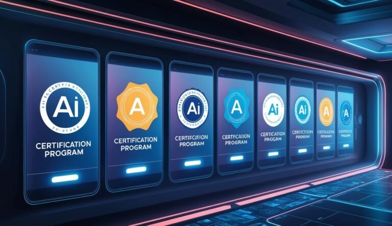 Digital screens displaying AI and A certification program badges in a futuristic setting