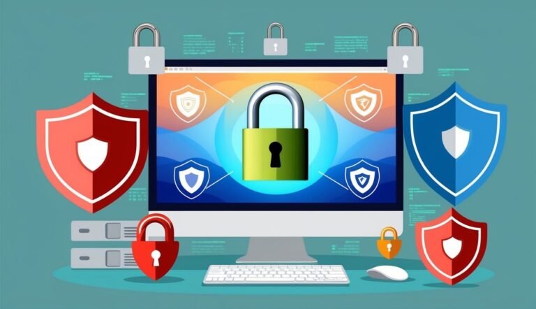Computer monitor with padlocks, shields, and data security icons