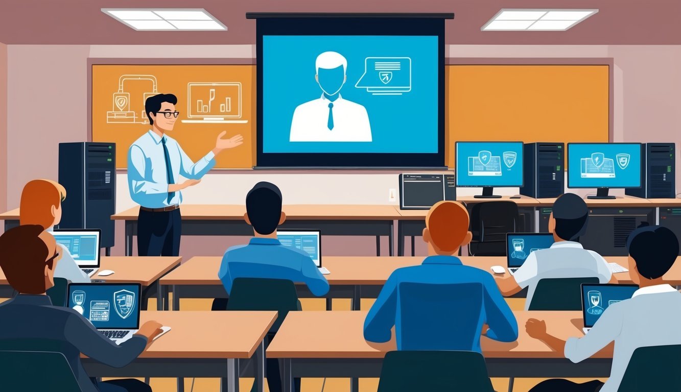 A classroom setting with a lecturer presenting on a screen, surrounded by computer equipment and security-related visuals