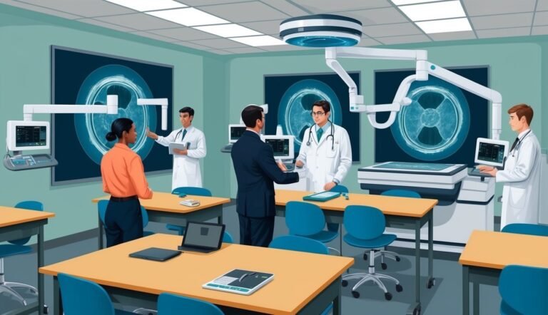 Medical professionals in a classroom setting, discussing X-ray images and technology