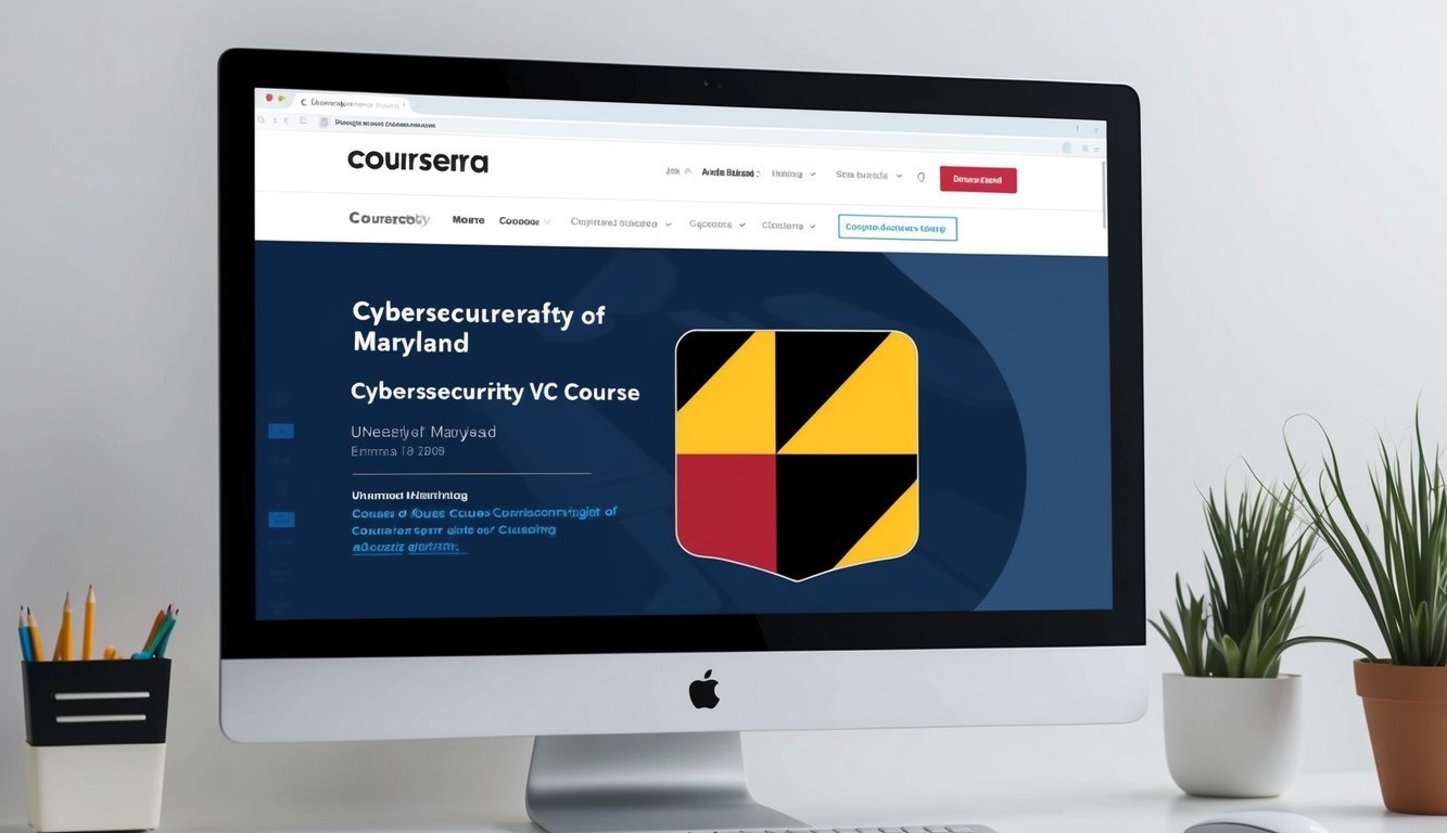 A computer screen displaying the Coursera homepage with the Cybersecurity course from the University of Maryland highlighted