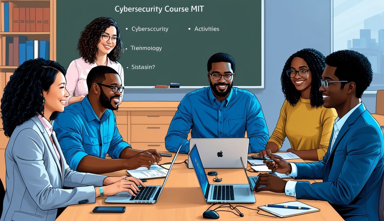 A group of five diverse individuals attending a cybersecurity course at MIT, engaging in hands-on activities and discussions