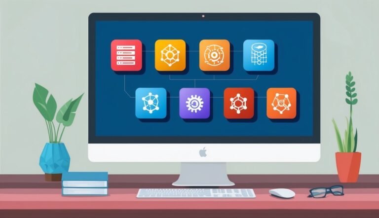 Computer screen displaying data icons on a desk with plants and accessories