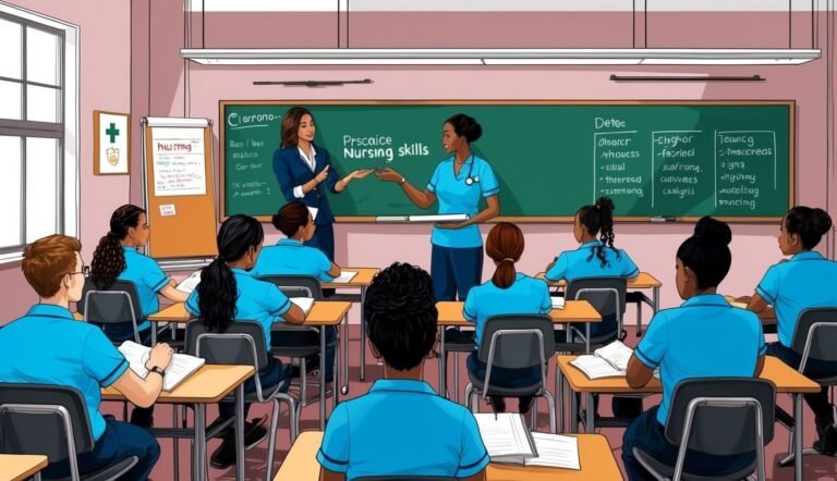 Nursing students in a classroom, two instructors at the front, chalkboard in background