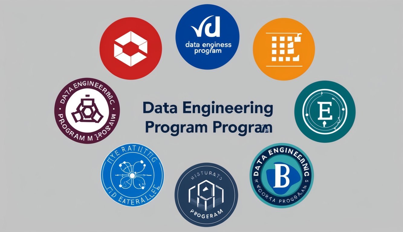 A group of seven distinct data engineering program logos arranged in a circular pattern with various colors and designs