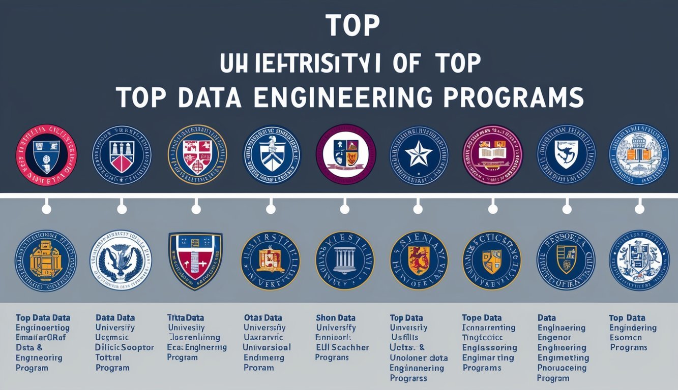 A row of prestigious university emblems displayed above the names of top data engineering programs