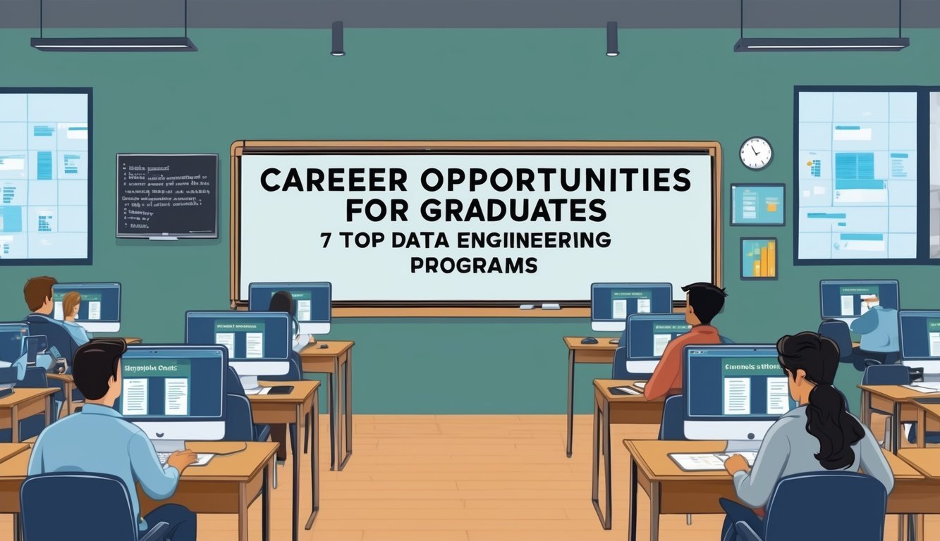 A classroom with computer workstations and a whiteboard displaying "Career Opportunities for Graduates 7 Top data engineering programs"