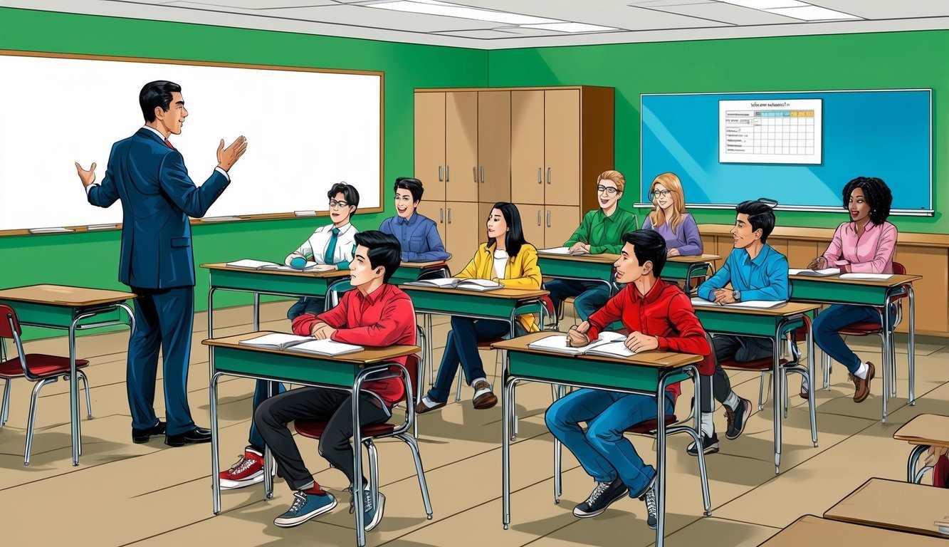 A classroom with desks, chairs, and a whiteboard.</p><p>A teacher at the front lecturing to a group of students