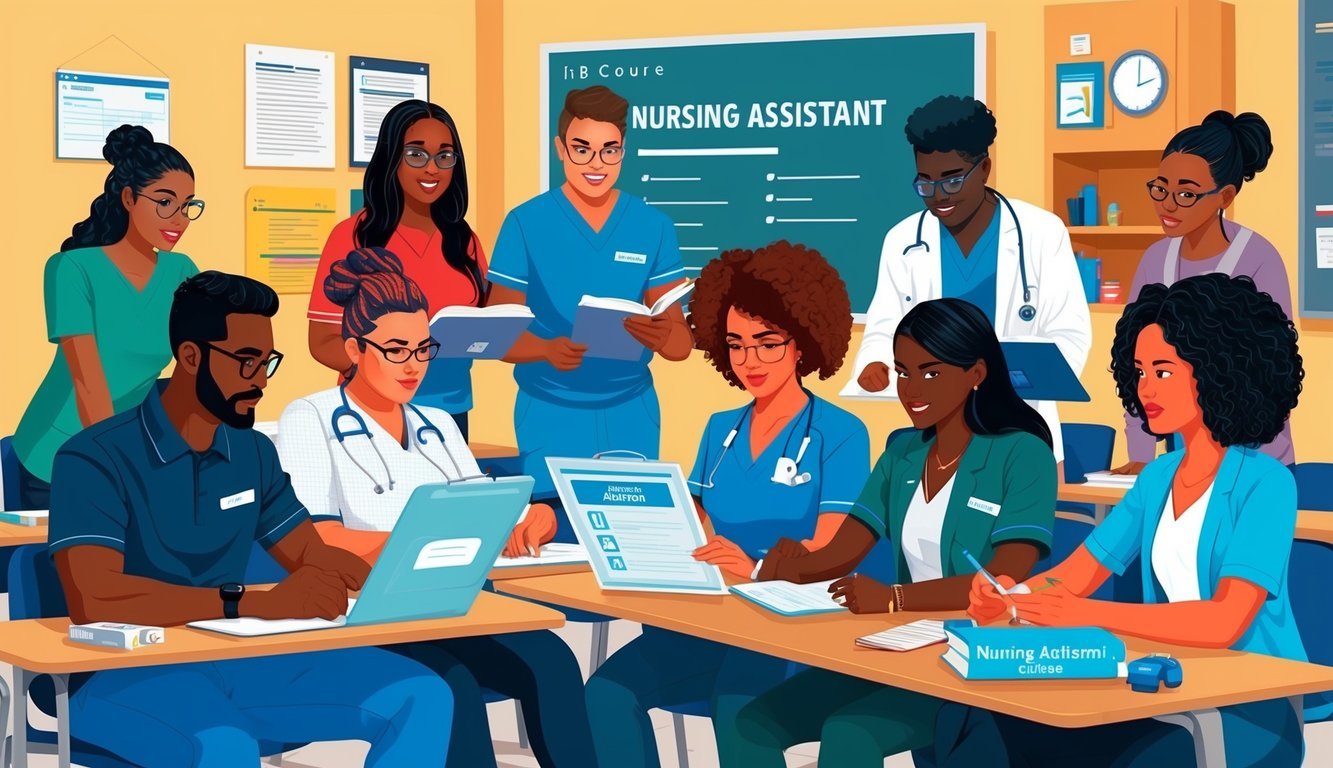 A group of diverse students studying in a classroom setting with nursing assistant course materials and equipment