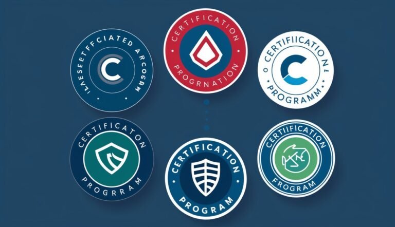 Six certification program logos with different shapes and colors on blue background