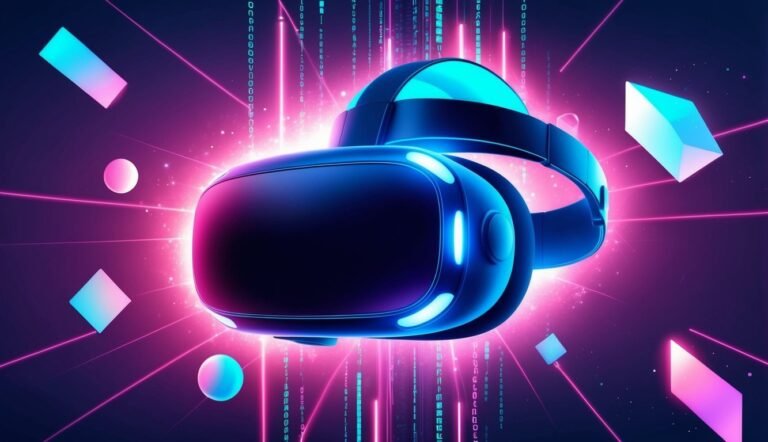 VR headset with neon lights and geometric shapes in a futuristic setting