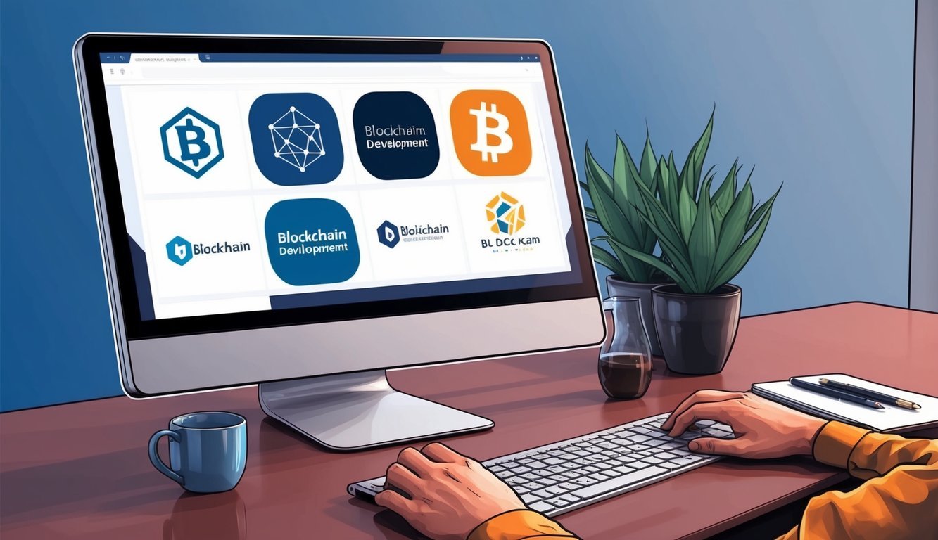 A computer screen displaying six blockchain development course logos