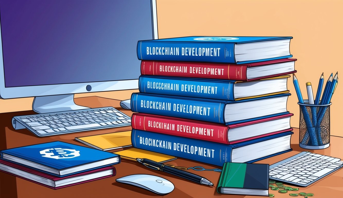 A series of six books on blockchain development arranged in a stack with a computer and coding materials nearby