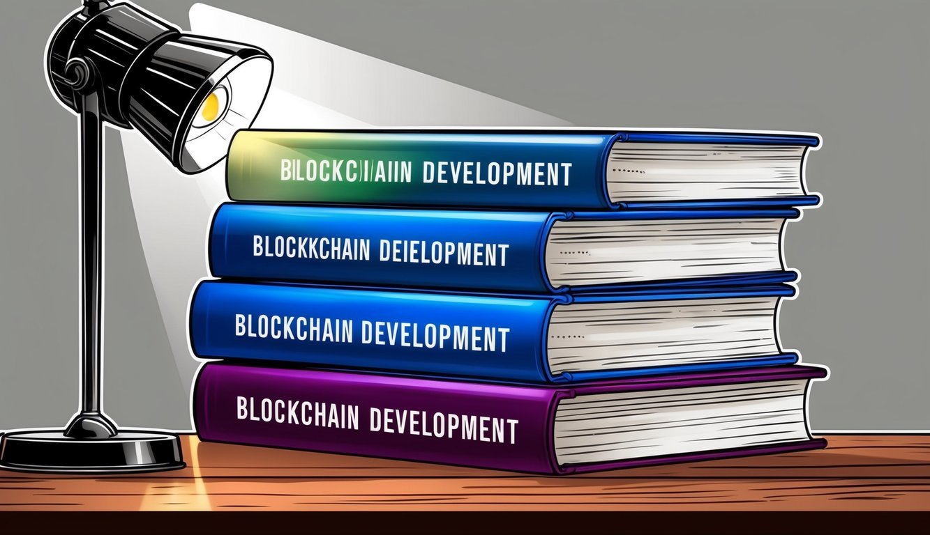 A stack of six books on blockchain development, with a spotlight shining on them