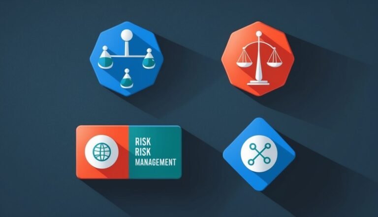 Icons representing risk management, including scales, balance, and globe