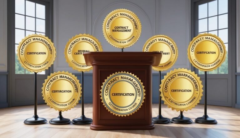 Podium surrounded by gold contract management certification seals on stands
