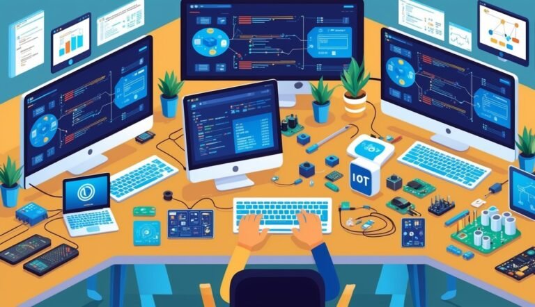 A person working on computers with IoT devices and data visualizations