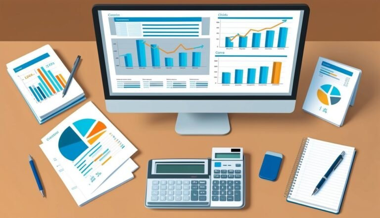 Computer monitor with charts, papers, calculator, and notepad on a desk