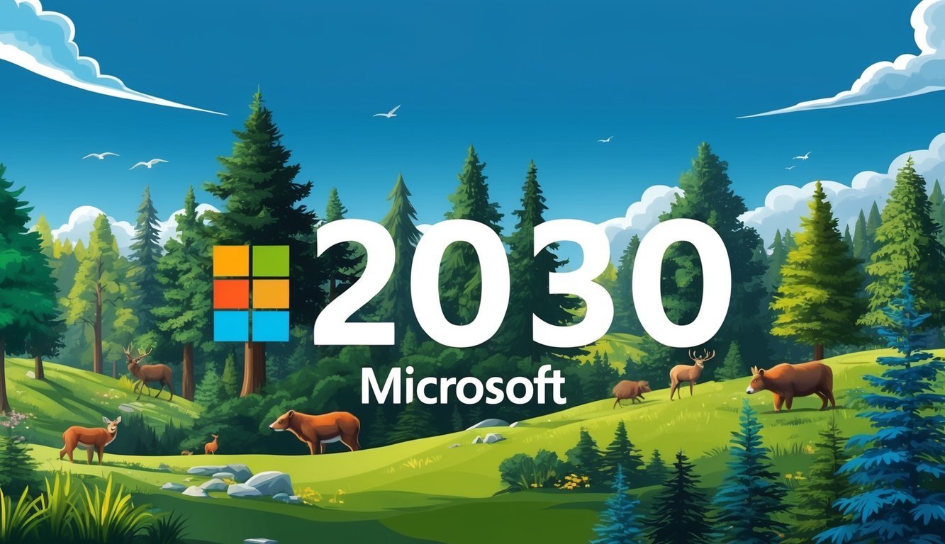 A lush forest with a clear blue sky, featuring a variety of trees and wildlife, with a prominent Microsoft logo and the numbers "2030" integrated into the landscape