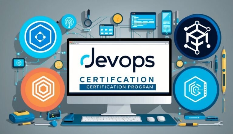 DevOps certification program on a computer screen with related icons
