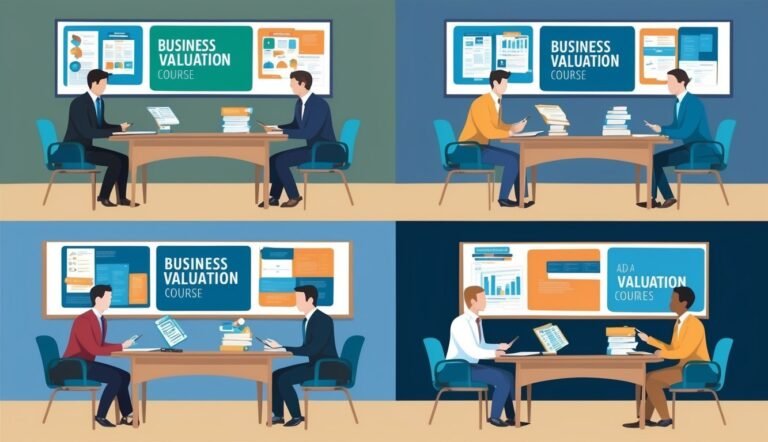 Four panels showing business valuation course with people at desks