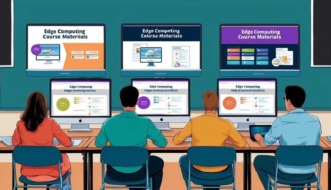 A classroom setting with four computer screens displaying different edge computing course materials