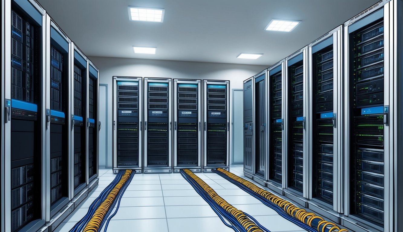 A server room with multiple racks of computer servers and networking equipment, with cables running along the floor and up the walls