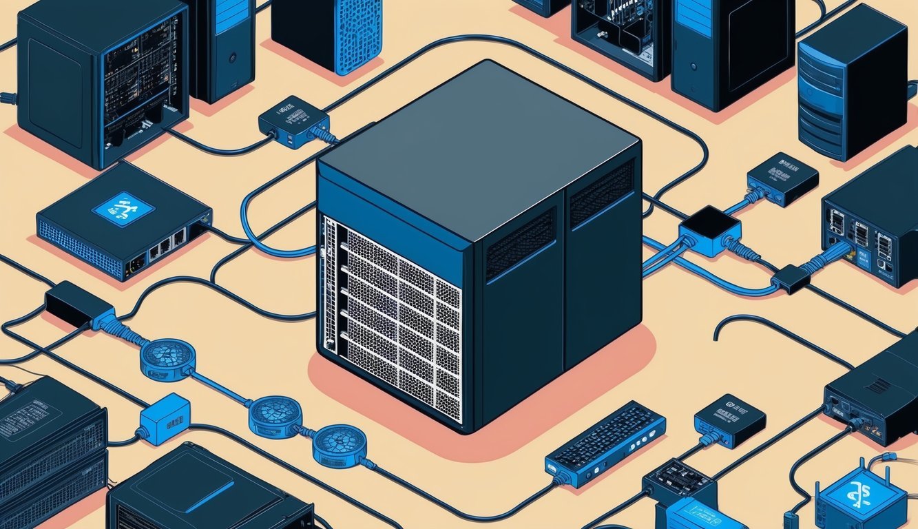 A computer server surrounded by various electronic devices and connected to a network of data cables