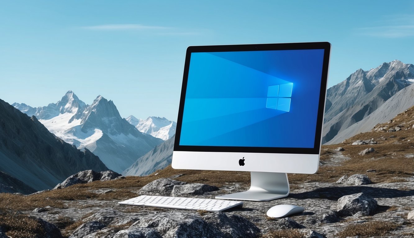 A computer with a sleek design sits on a rugged outdoor landscape, surrounded by tall mountains and a clear blue sky