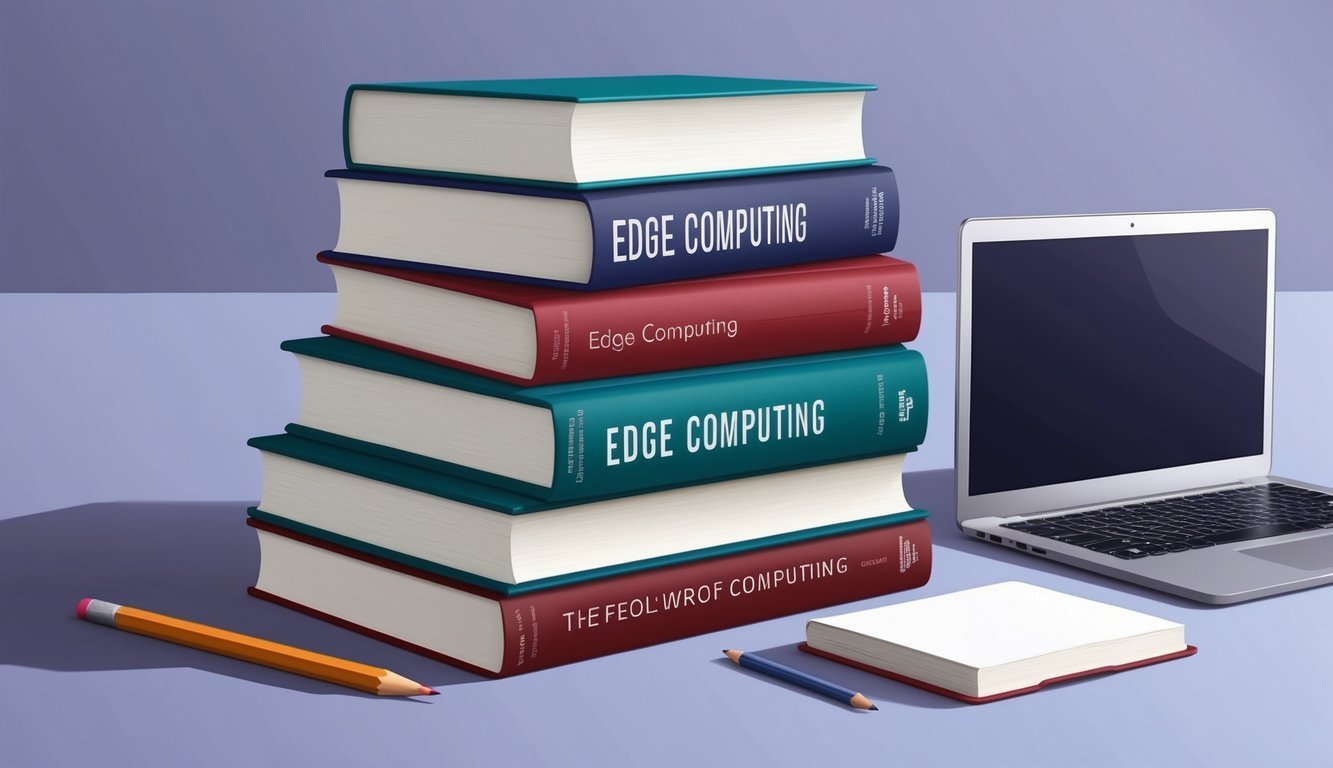 A stack of books on edge computing with a laptop and pencil